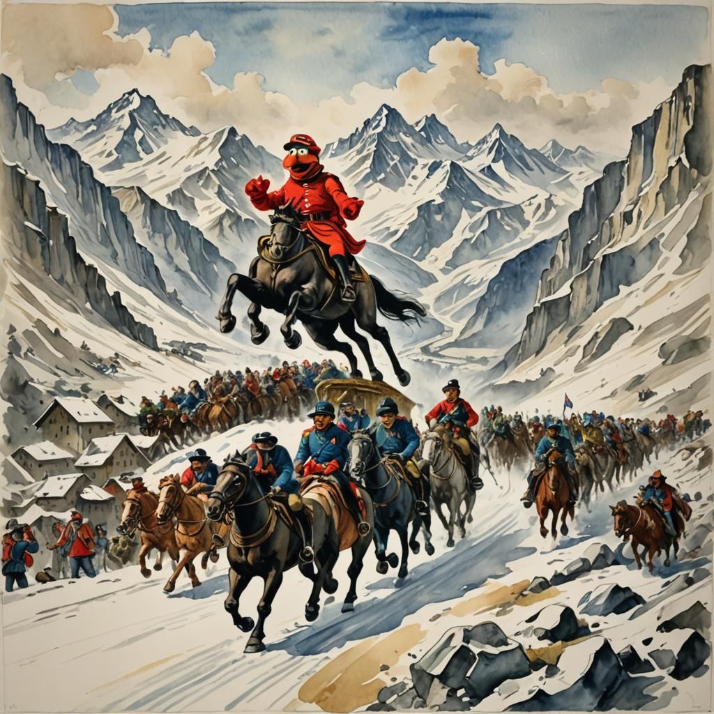 Elmo's Alpine Crossing: A Gouache Masterpiece