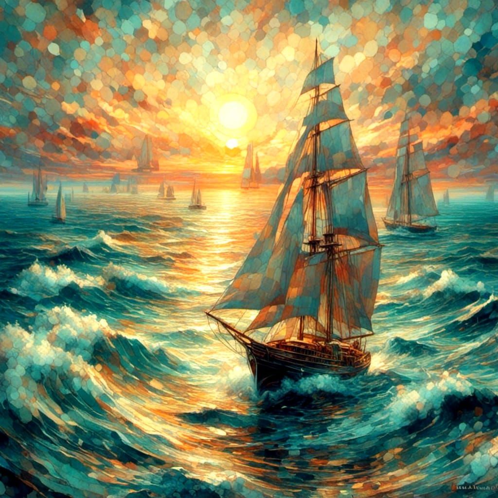 Sailboat Sunset in Art Deco Nouveau Style