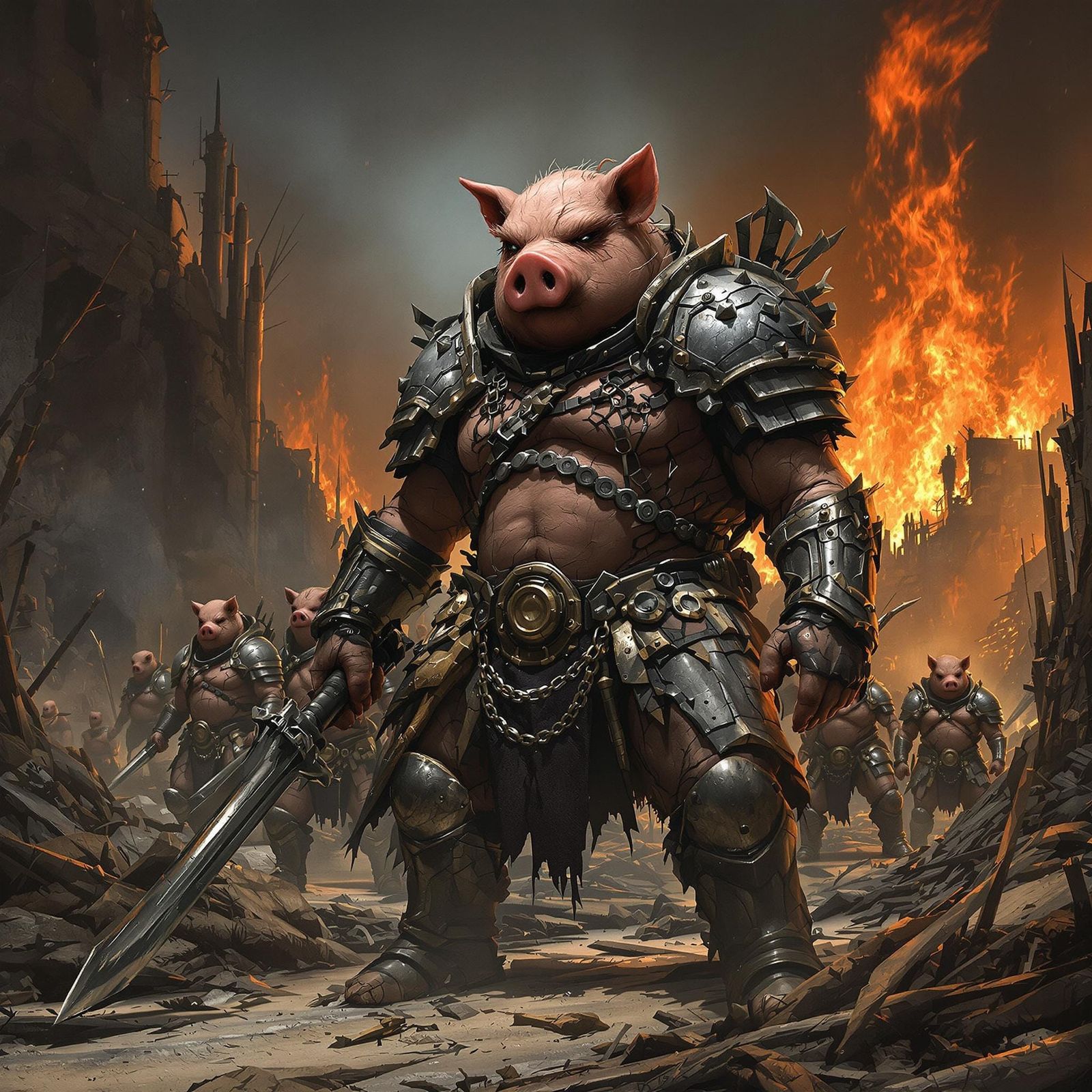 Armored Pig Leading Warriors Through Burning Wasteland