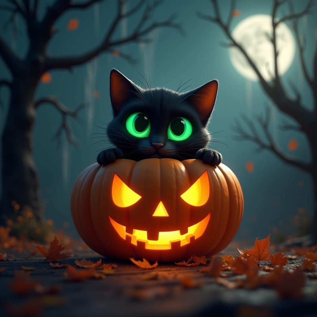 Black Cat in Carved Pumpkin on Spooky Halloween Night