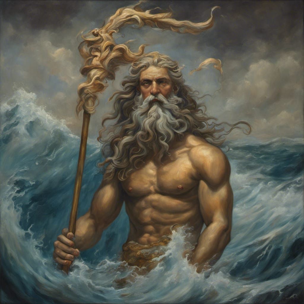 Poseidon, Greek God, Oil Painting in Renaissance Style