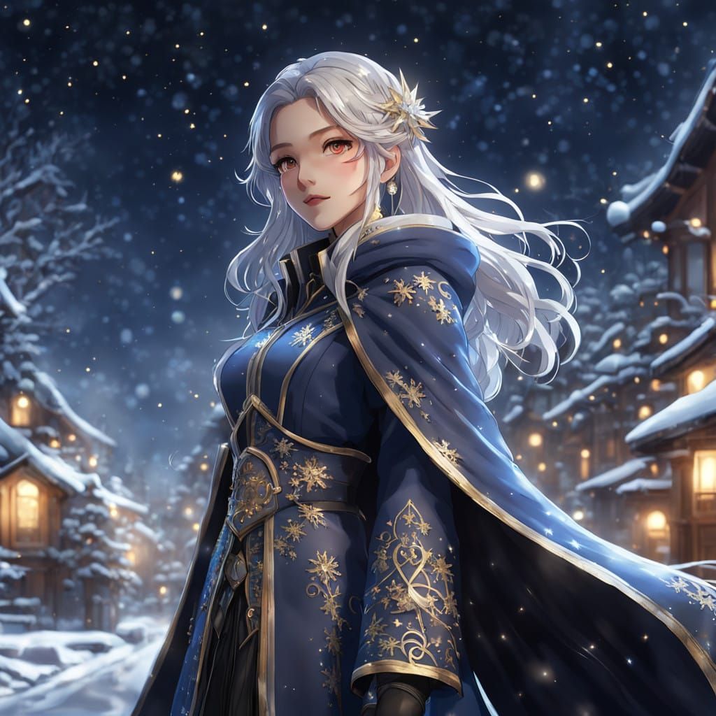 Anime Maiden Enchants Under Midnight Winter Sky