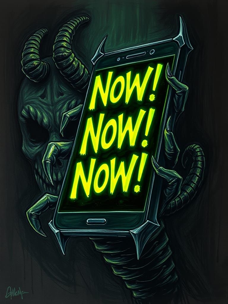 Demonic Smartphone Demands Action in Horror Impressionism