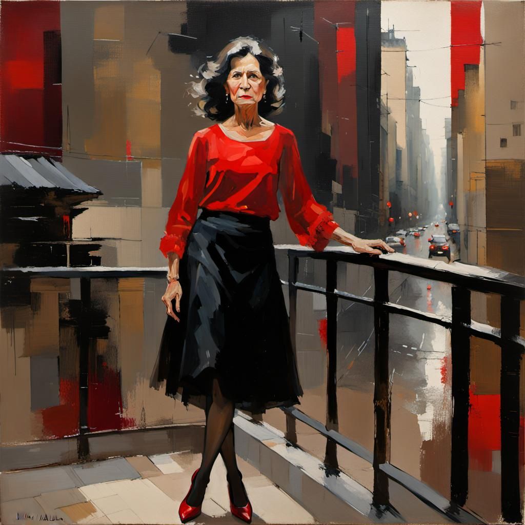 Confident Woman in Red Blouse: Oil Painting