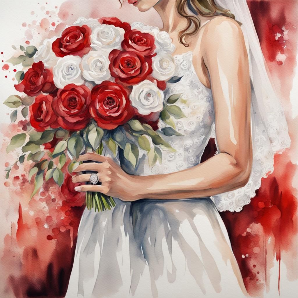 Watercolor Bride with Roses and Wedding Ring