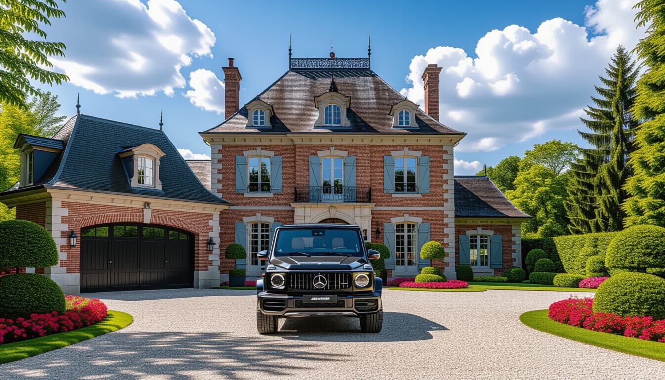 Elegant Chateau with Luxury Car in Monet Style