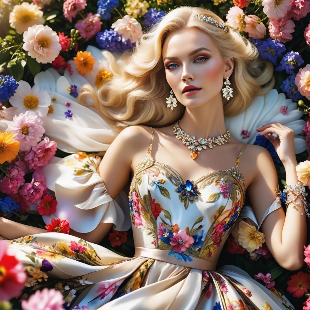 Ethereal Russian Blonde in a Garden of Flowers