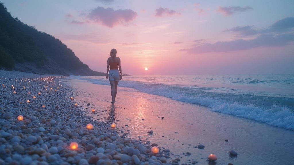 Dream Shore with Glowing Seashells in Pastel Twilight