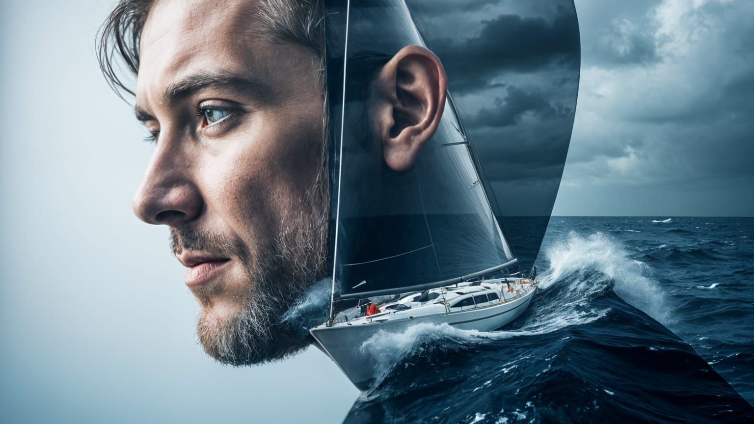 Dashing Sailor Caught in Ocean Storm