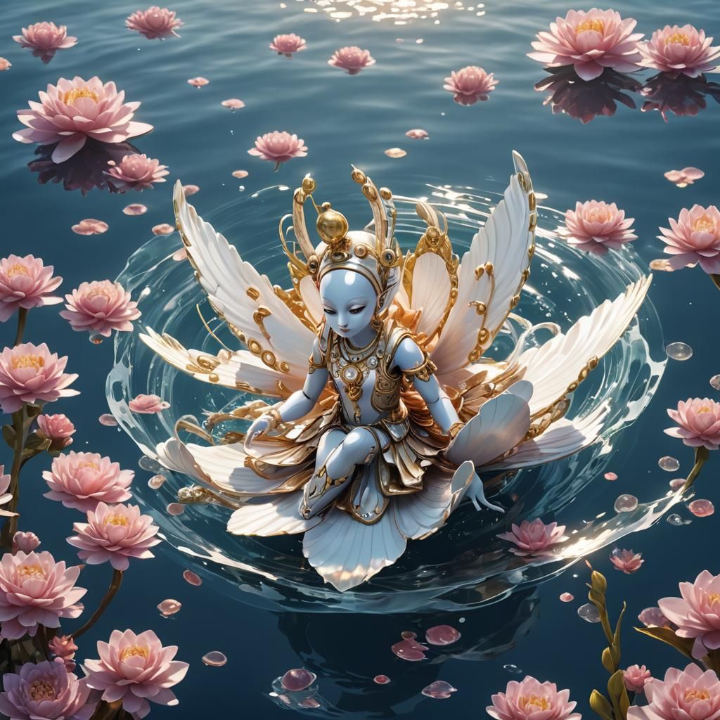 Pearl Sphinx Floating in Calm Ocean: Anime Art