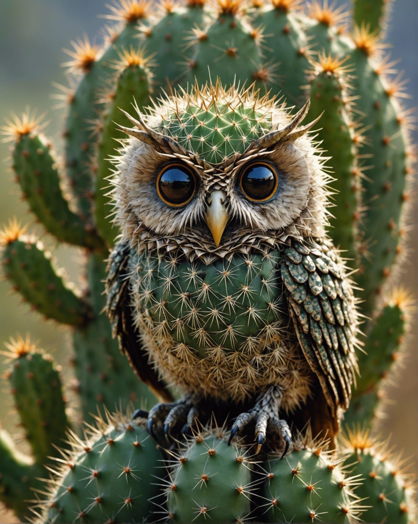 Detailed Cactus Owl in Fantasy Desert Scene