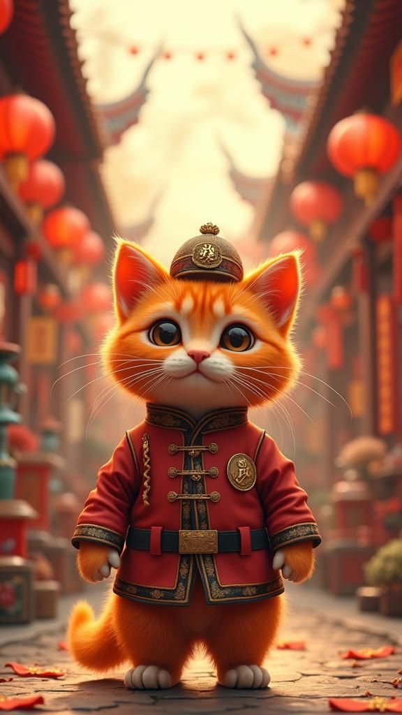 Orange Cat in Chinese Police Uniform, Matte Painting