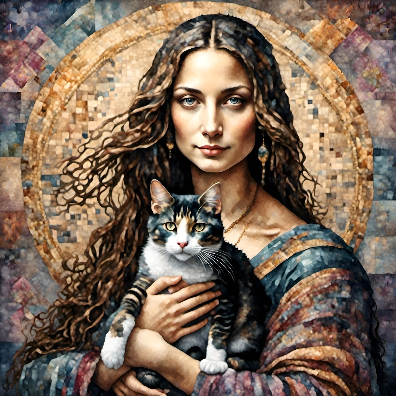 Mona Lisa Portrait with Cat in Watercolor