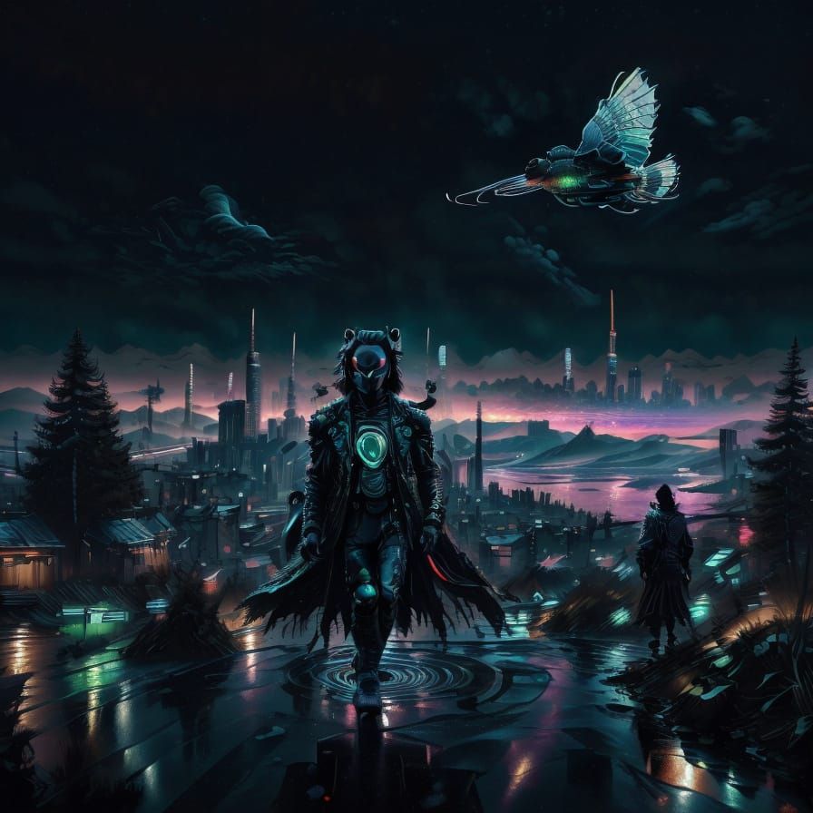 Neon Cityscape with Mechanical Raven in Gothic Art Style