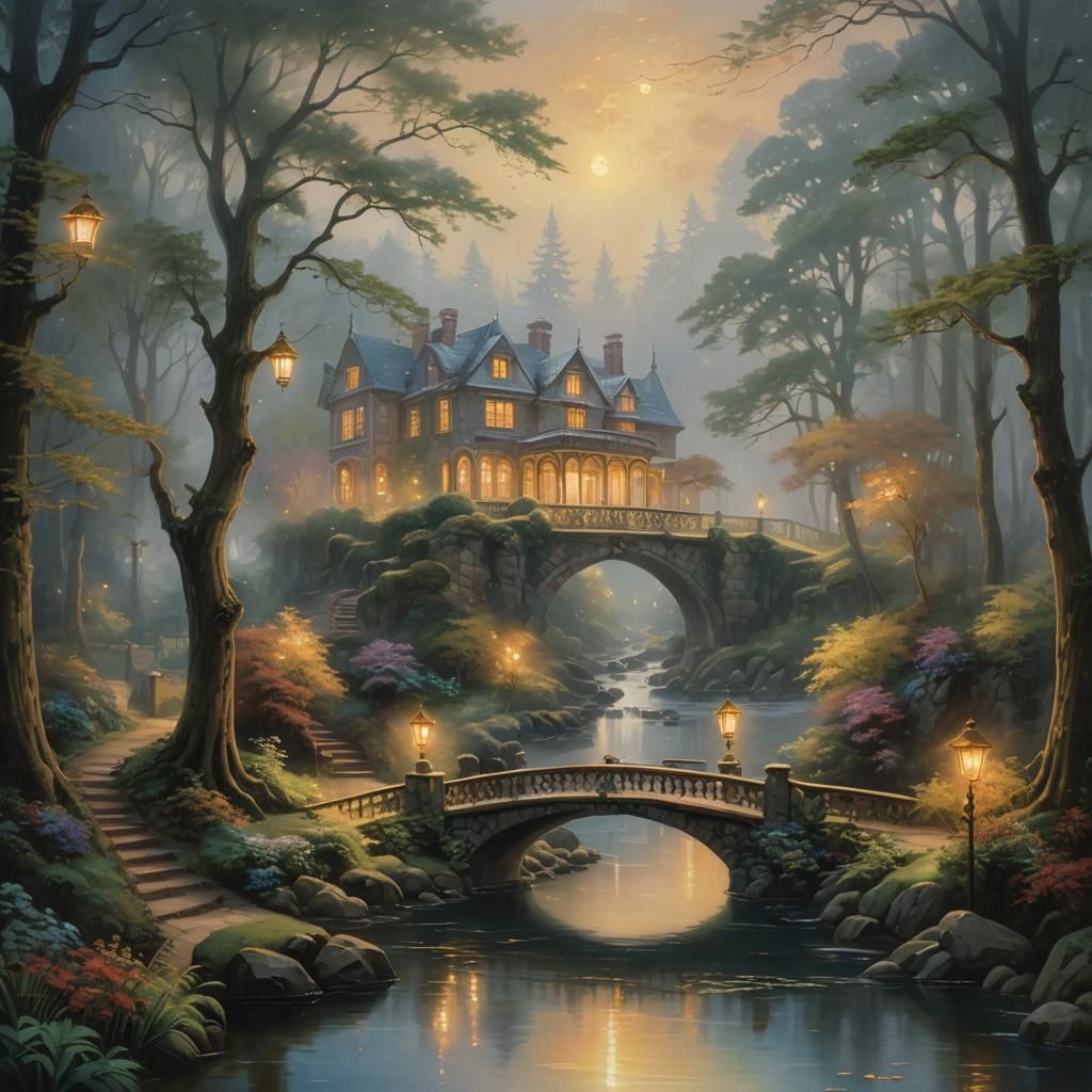 Ethereal Mansion in Forest Clearing as Oil Painting