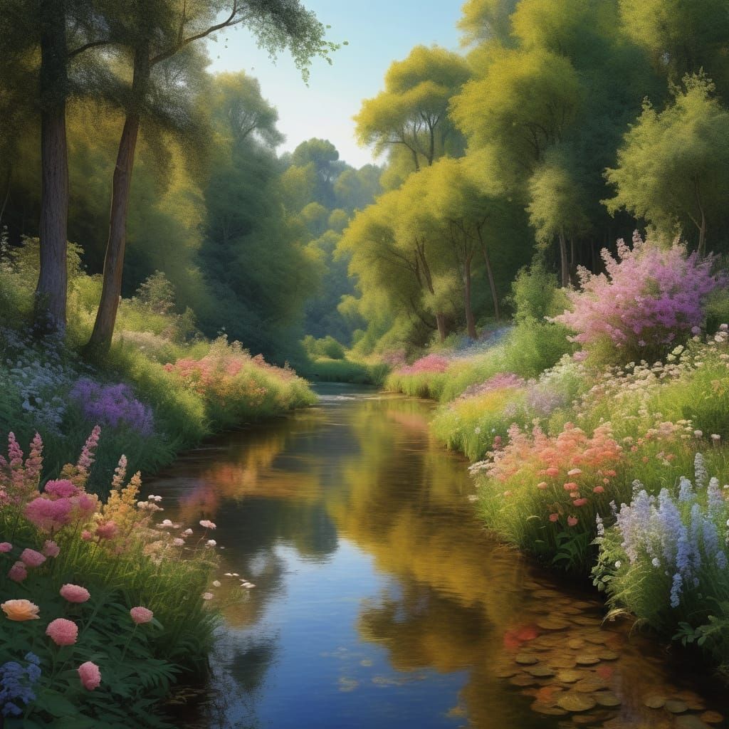 Surrealistic Floral Landscape in Impressionist Style