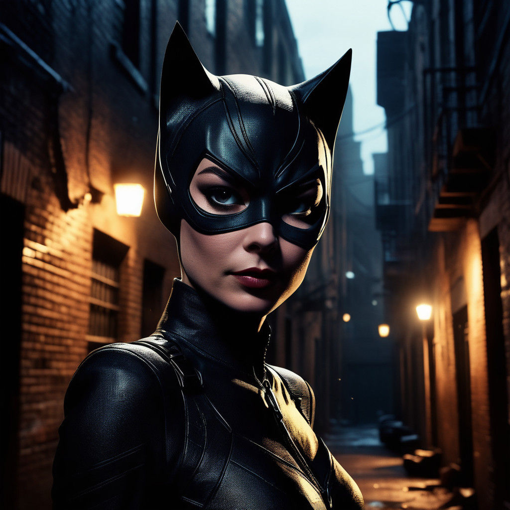 Catwoman and Cats in Dark Gotham Alley