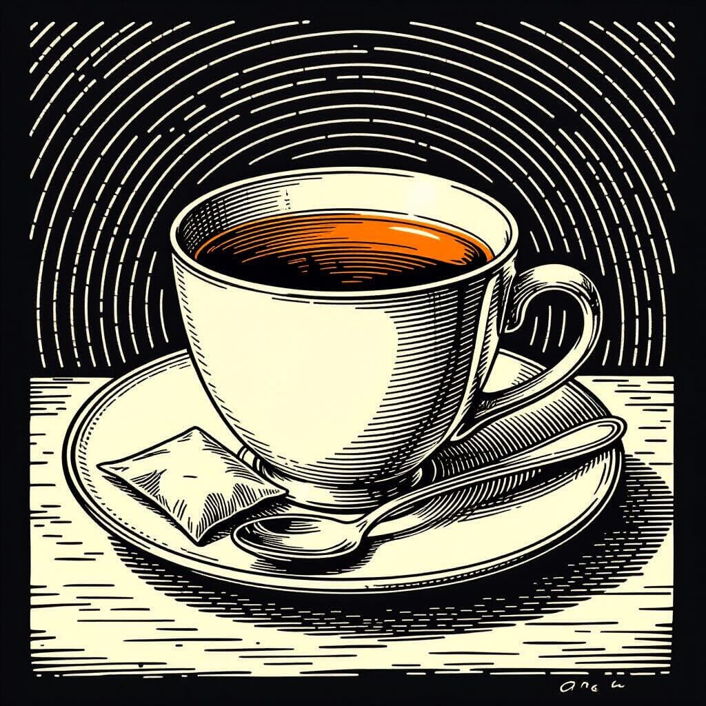 Teacup with Lemon in Linocut Style