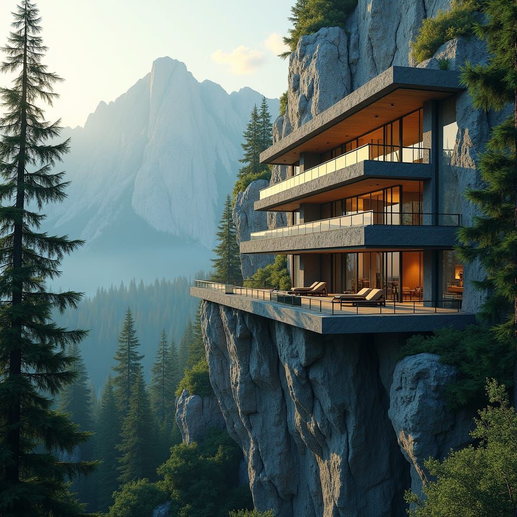 Cliffside Home in Verdant Mountains, Matte Painting