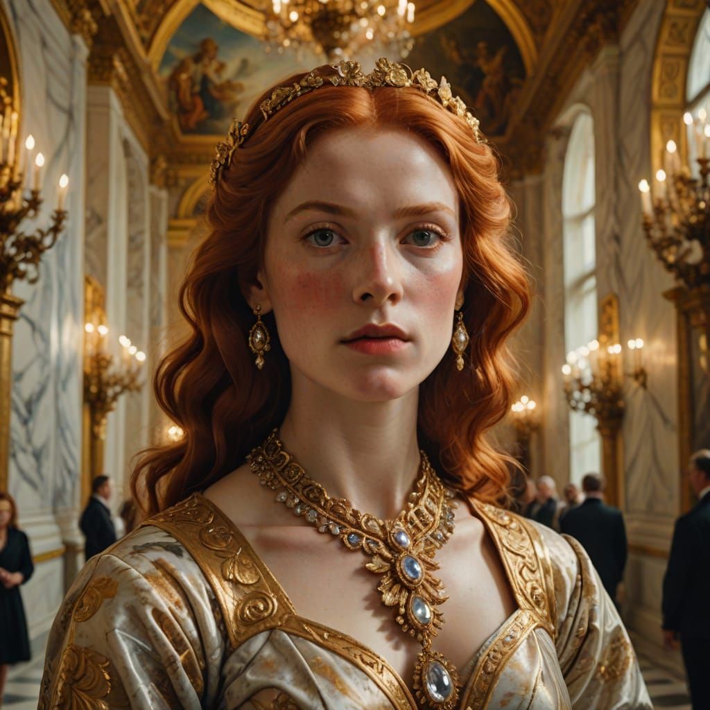 Elegant Redhead in Blue Gown: A Baroque Portrait