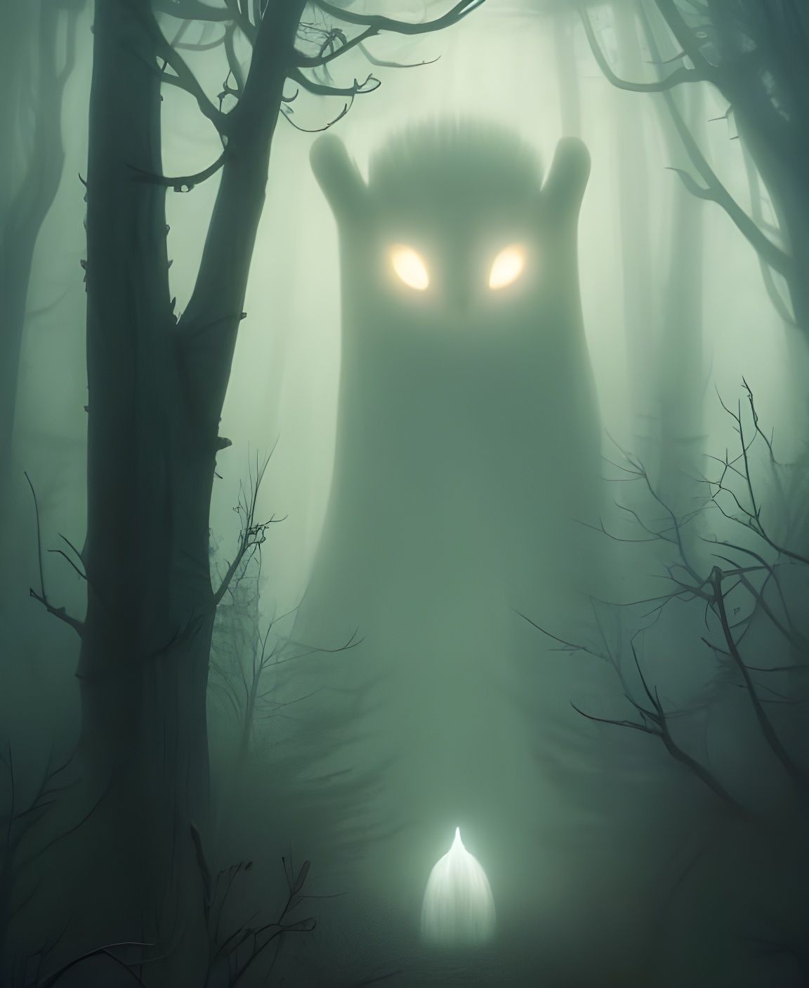 Ghostly Woodland Monster in Fog: Digital Illustration