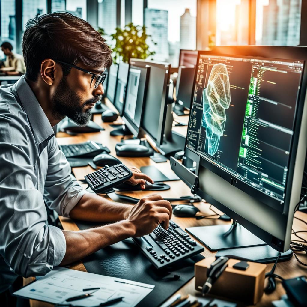 Hyperrealistic Computer Programmer in Downtown Office