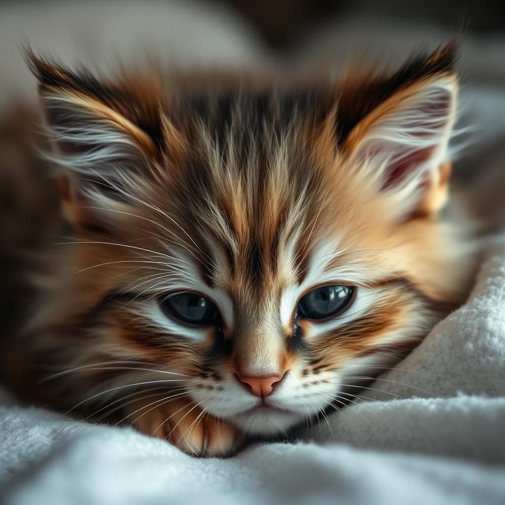Fluffy Kitten Sleeping: Extreme Closeup in Photorealistic St...