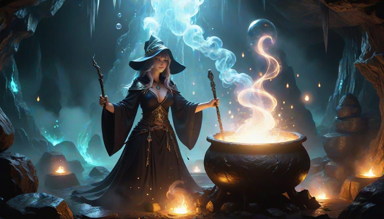 Sorceress Unleashes Magic in Dark Fantasy Cave