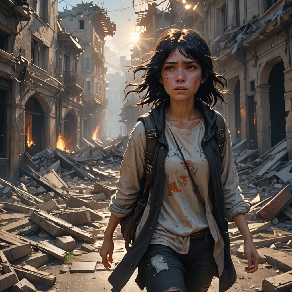 Girl Cries in Destroyed Town: Hyperdetailed Art