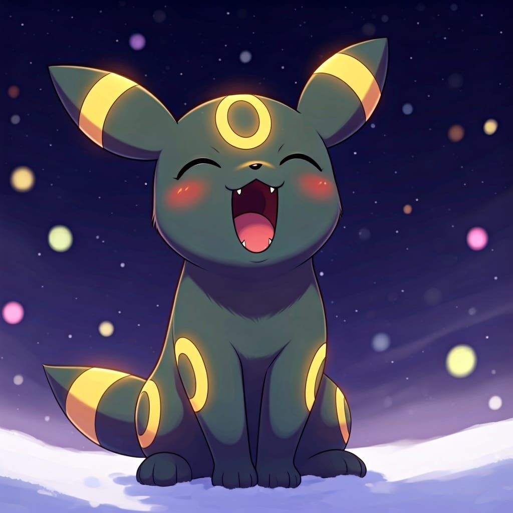 Cute Chibi Umbreon Jumps in Snowy Night Sky