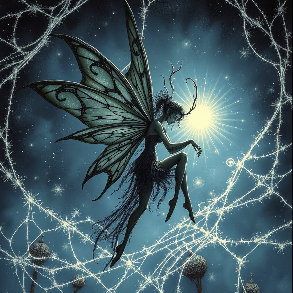 Gothic Fairy Amidst Twisted Starry Night Cobwebs
