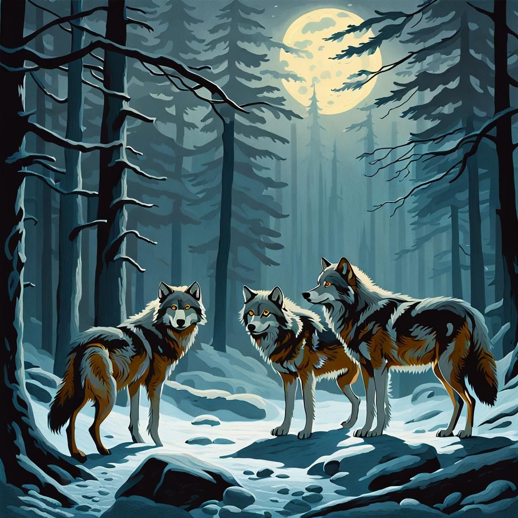 Wolves Hunting in Misty Forest as Romantic Painting