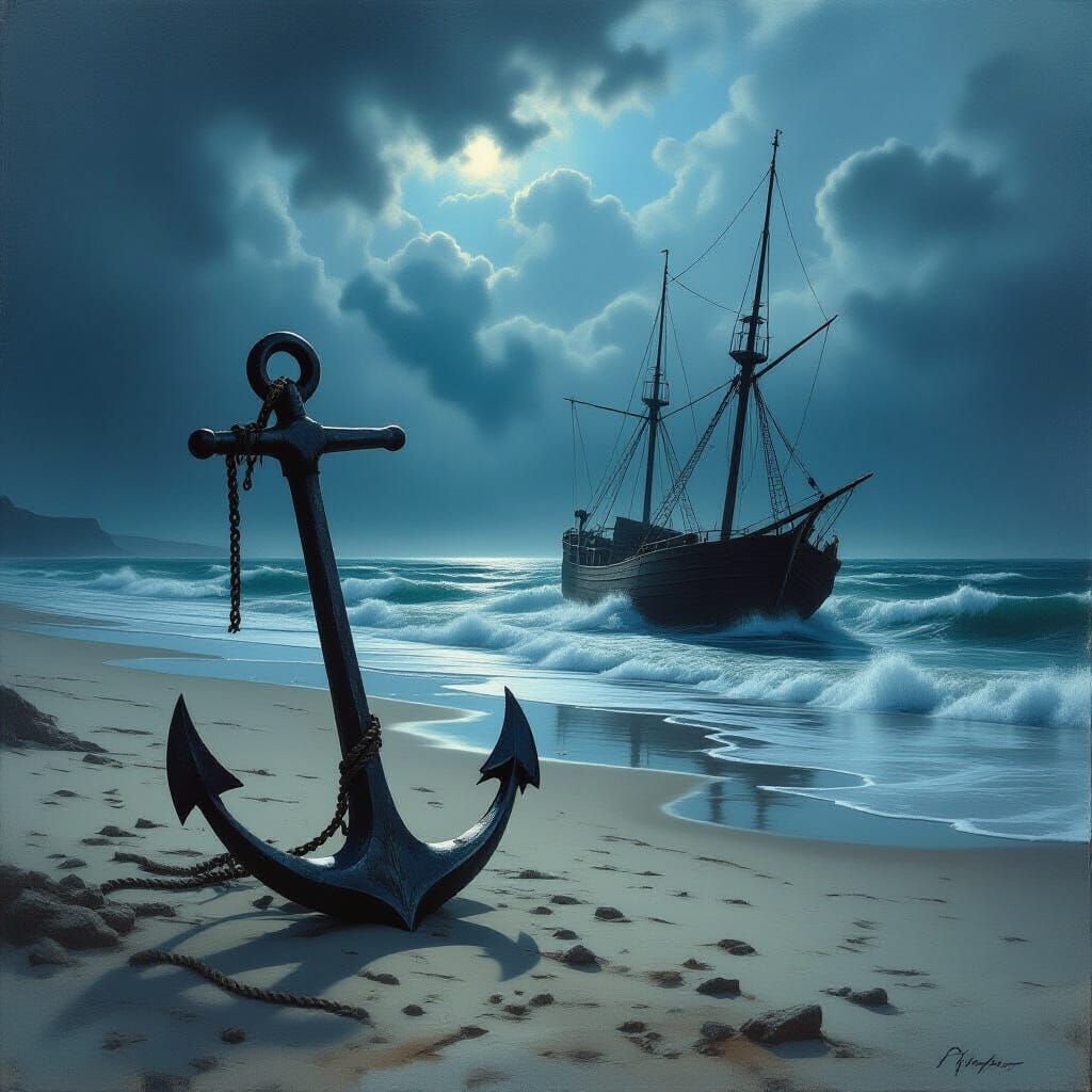 Weathered Anchor on Desolate Beach with Shipwreck