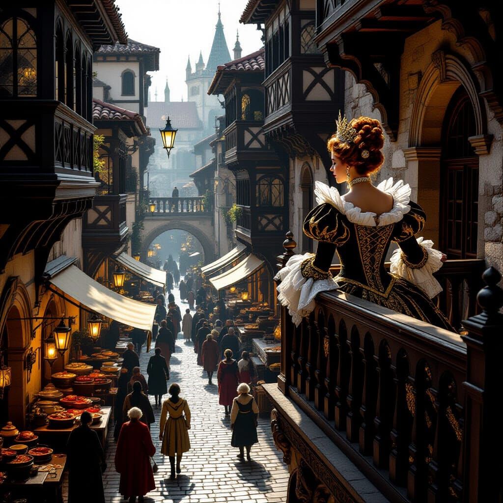 Regal Queen Surveys Medieval Market in Baroque Style