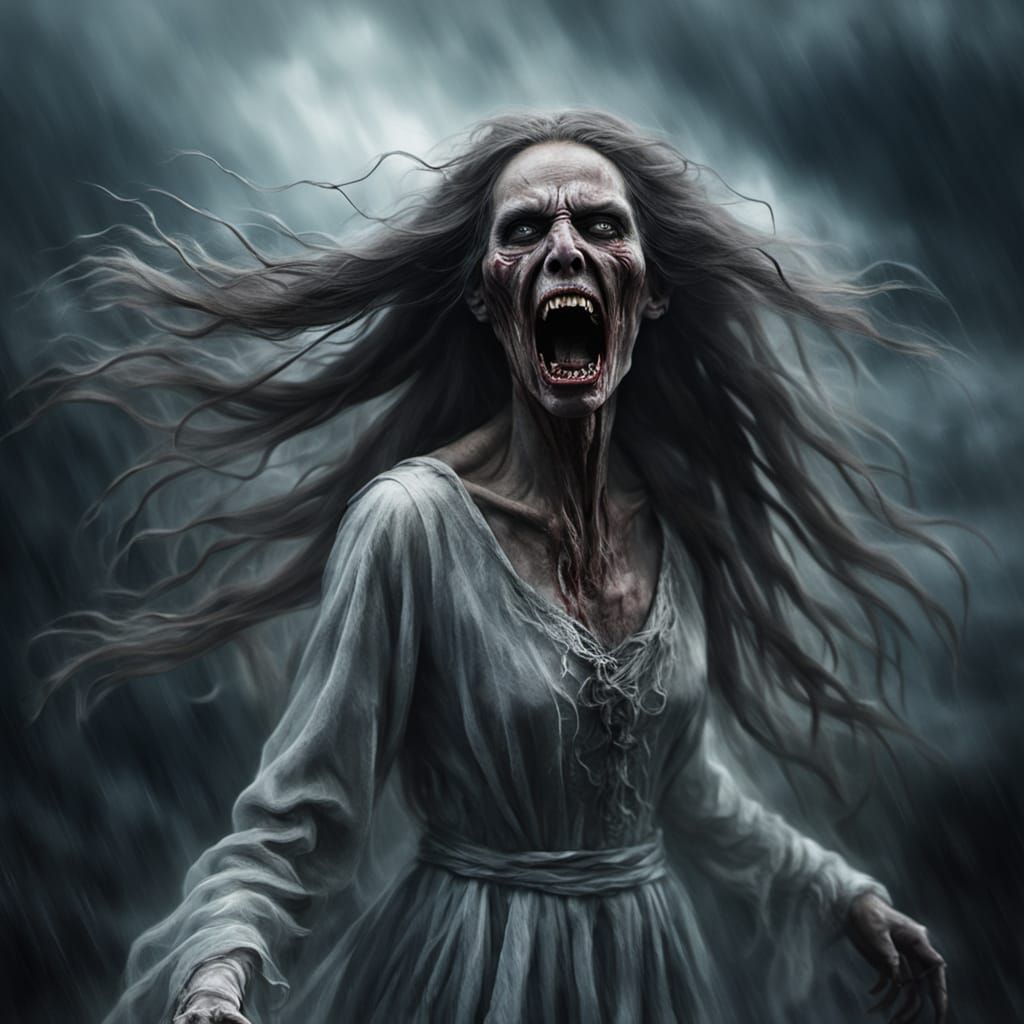 Hyperrealistic Banshee in a Dark Stormy Landscape