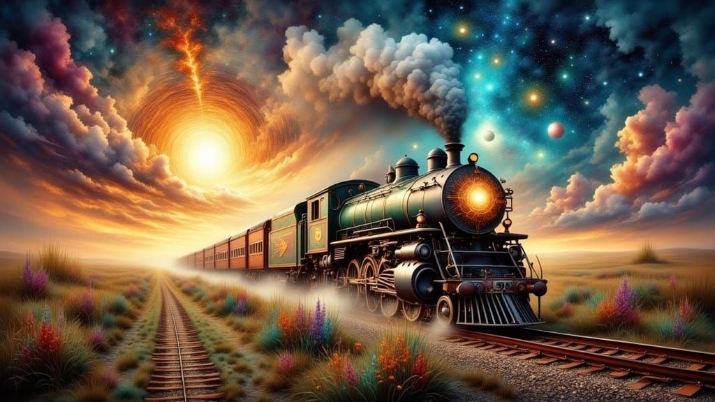 Surreal Train Rides Through Vibrant Landscape in Watercolor...