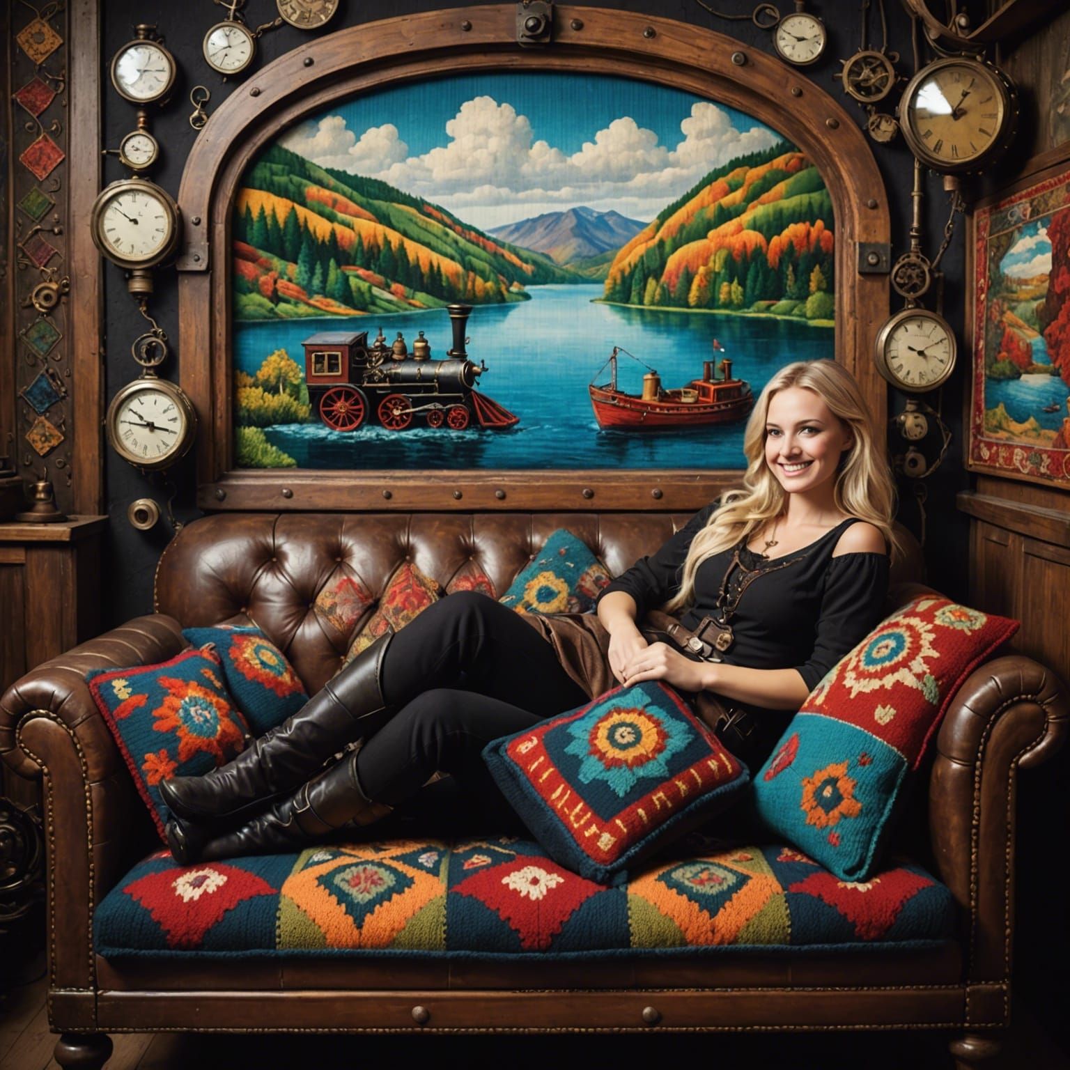 Steampunk Lady on Colorful Stitched Sofa