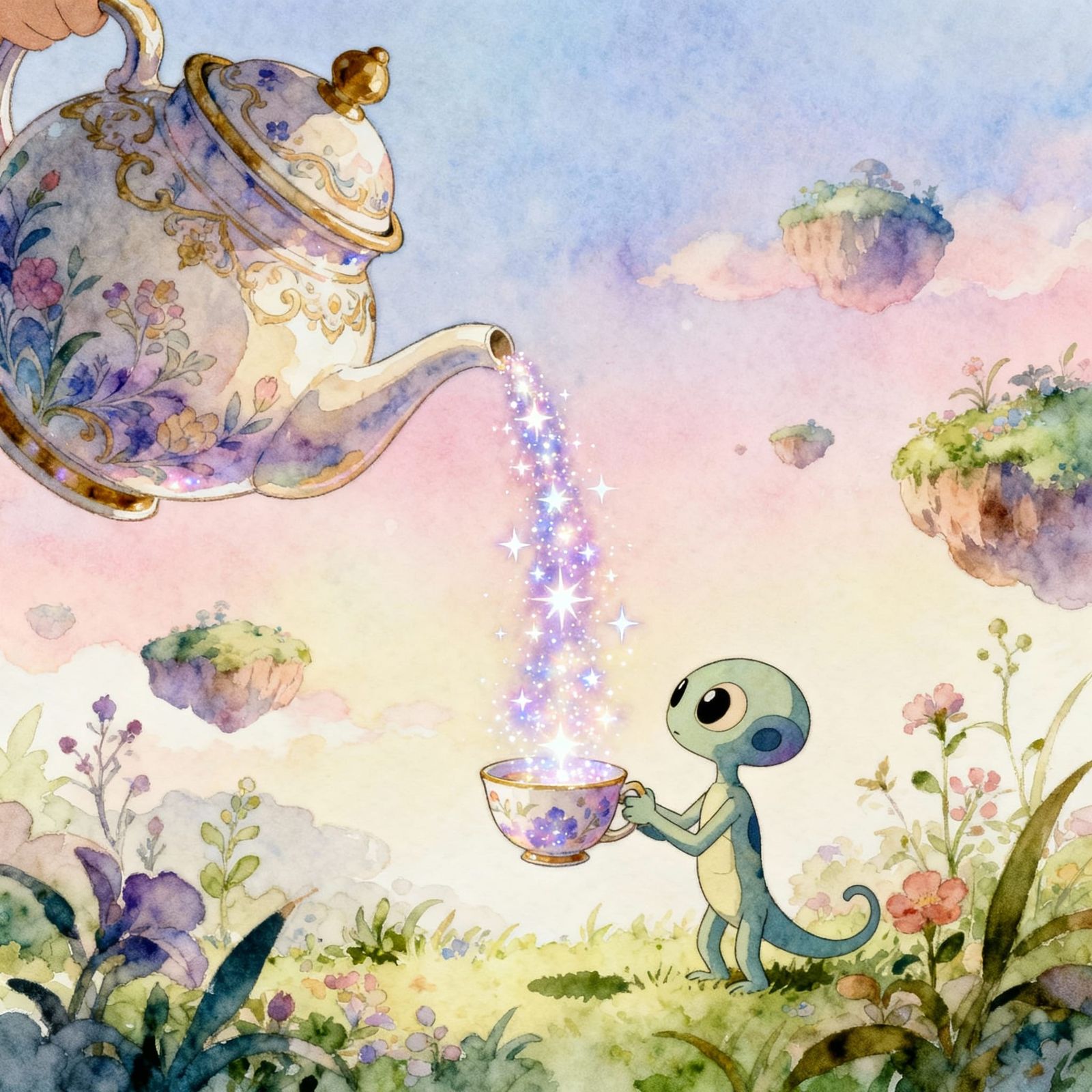 Whimsical Alien Sipping Stardust Tea