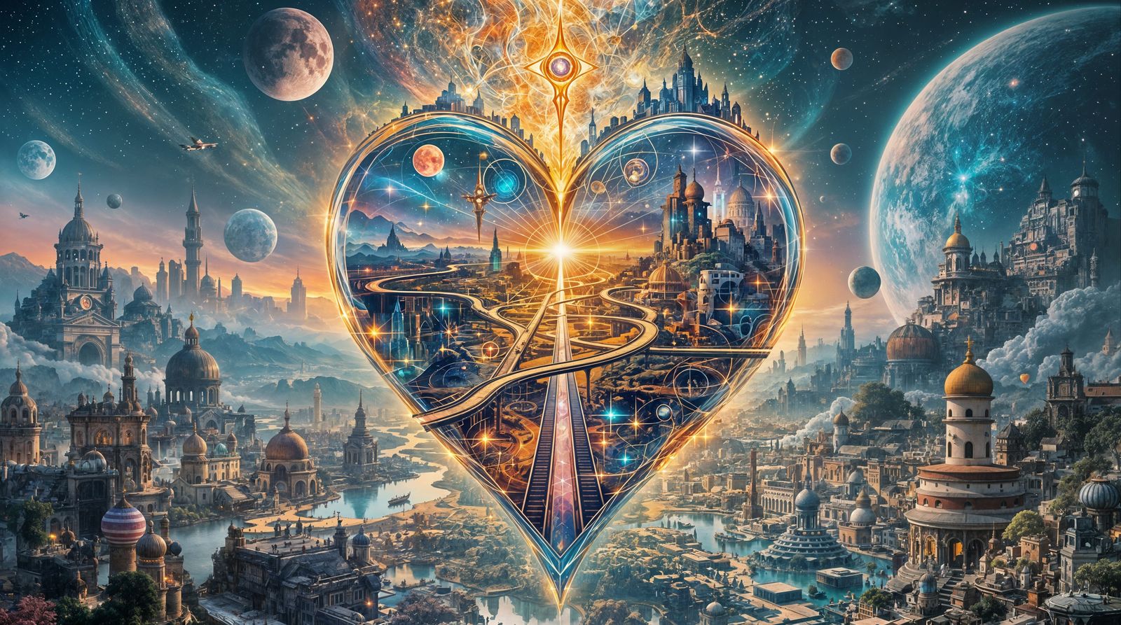 Surreal Double Exposure of Glass Heart Connecting Fantastica...