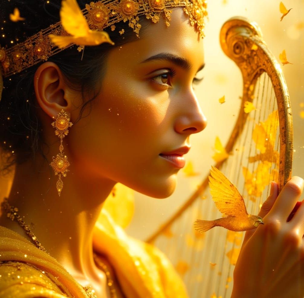 Apollo, Greek Sun God, with Harp and Birds