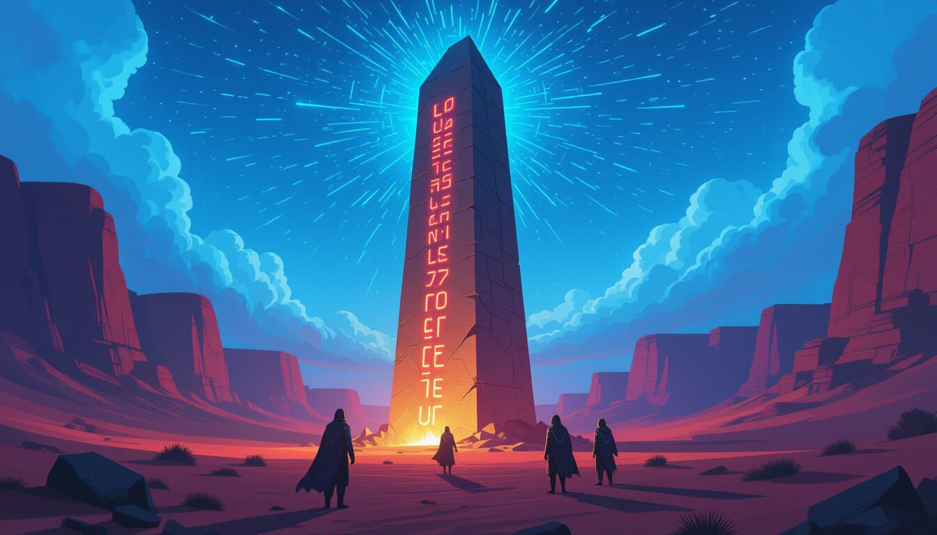 Digital Obelisk in Cyberpunk Desert Landscape