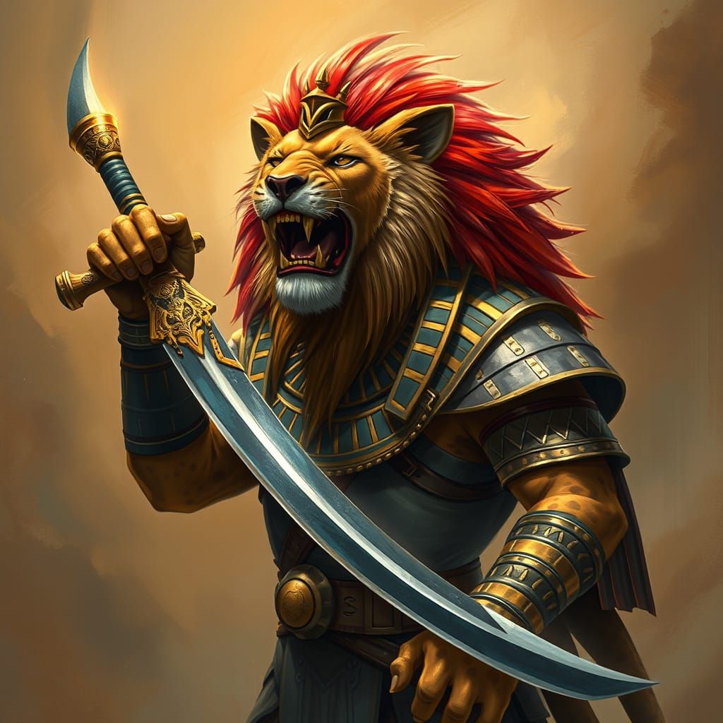 Armored Lion Wields Sword in Digital Art Style