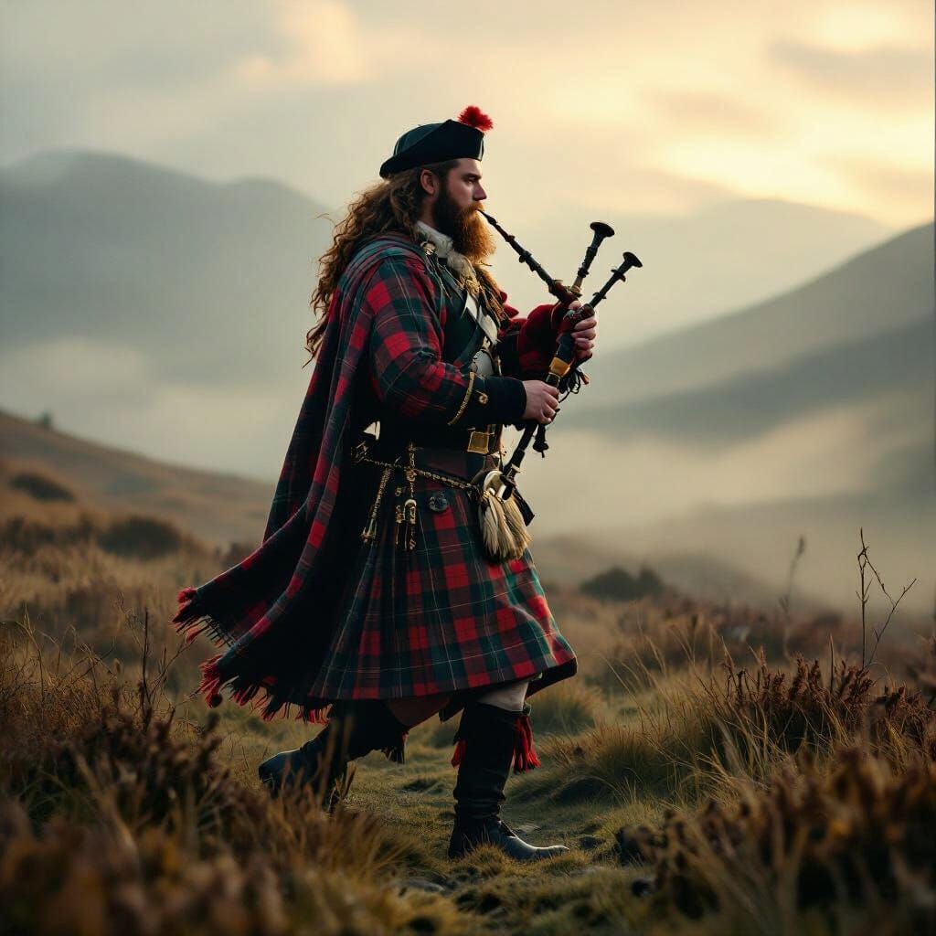 Scottish Bard Amidst Misty Highlands