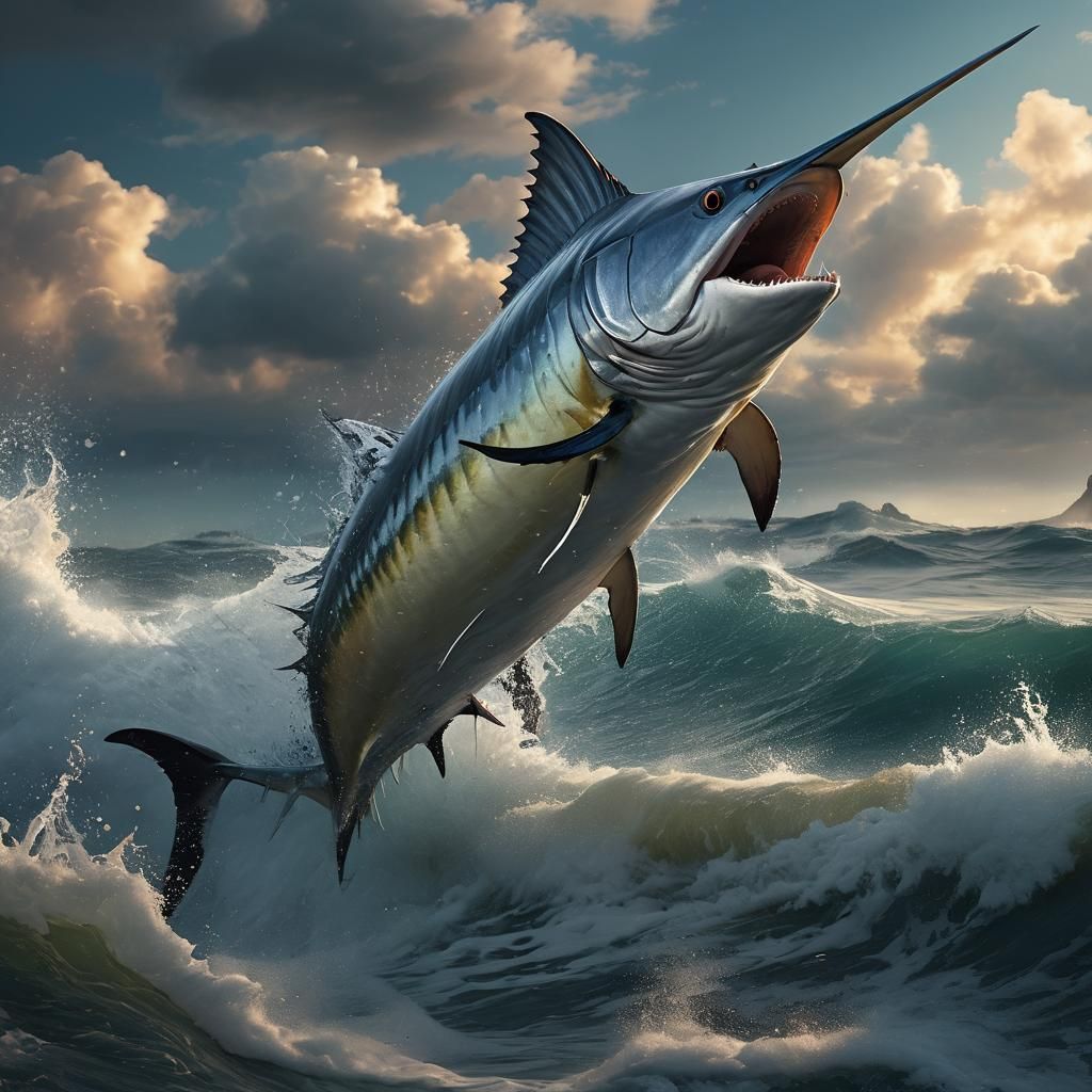 Swordfish Leaping: Hyperrealistic Digital Matte Painting