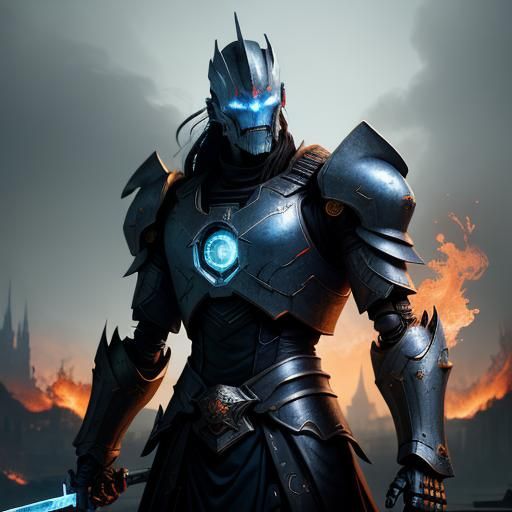 Futuristic Robot Warrior in Gothic Cityscape