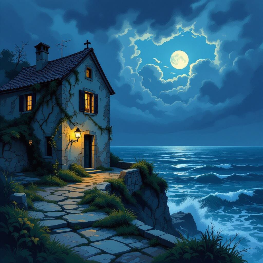 Dilapidated Villa on Windswept Cliff Overlooking Turbulent S...