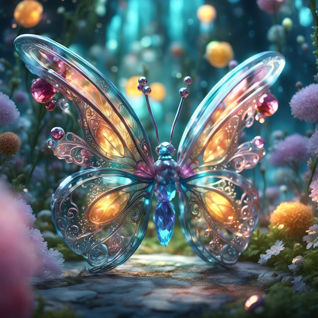 Crystal Butterfly in Enchanted Garden, Digital Art