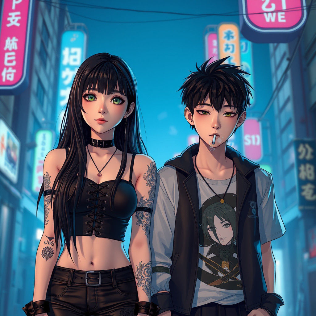 Gothic and Emo Couple in Tokyo, Anime Art