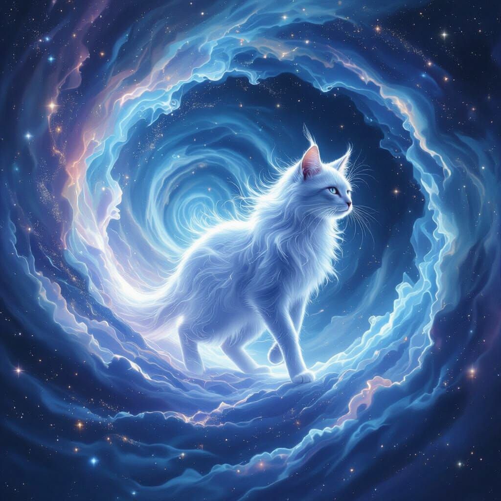 Ethereal Cat Stepping into Cosmic Vortex