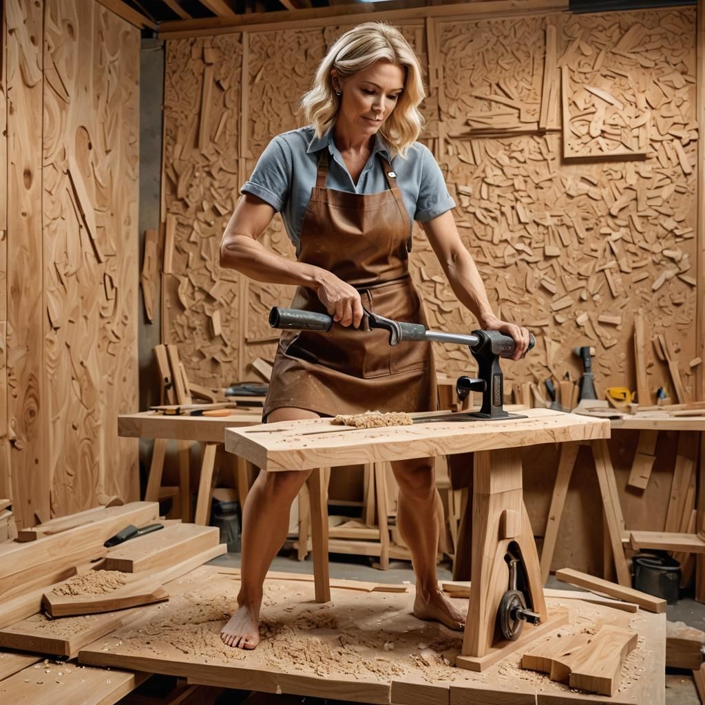Wood Carving: Blonde Woman Crafts Exercise Bike